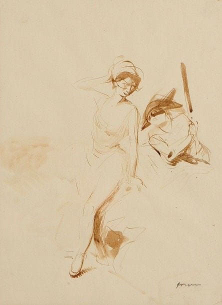 Jean-Louis FORAIN (1852-1931)

Arlequin et Colombine
Lavis d'encre.
Signé en bas à droite.
31 x 23 cm
Commentaire:
Nous remercions Madame Florence Valdès-Forain d'avoir confirmé sur photo l'authenticité de cette oeuvre.