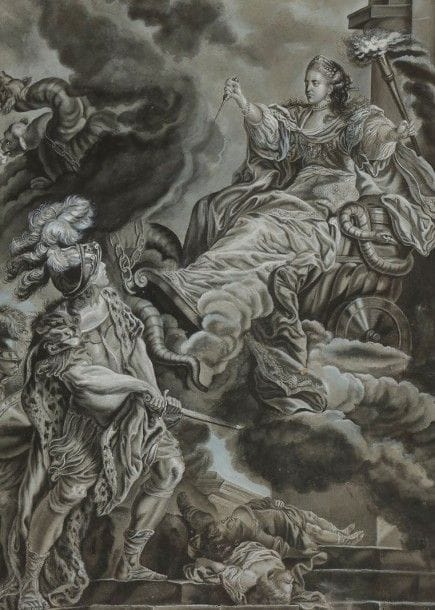 École FRANÇAISE en 1789,

Mademoiselle Clairon en Médée
Plume et encre noire et grise, lavis noir et gris, rehauts de blanc sur papier bleu.
Au verso, reprise de la tête de Médée.
Titré en bas au centre «5ème Actes de Médée»; daté en bas à droite «? 1789».
Porte une inscription au verso sur une bande de papier découpée dans un ancien montage: «Sophie Bérard 1789».
57 x 43 cm
Commentaire:
Notre dessin est une reprise de la gravure du tableau de Carle Vanloo, Mademoiselle Clairon en Médée, peint en 1759 et conservé au Château de Sanssouci à Potsdam (voir le catalogue d'exposition Carle Vanloo 1705-1765, Nice, 1977, n166, reproduit). C'est une réduction en hauteur de ce tableau, réalisée par Vanloo vers 1760, qui servit pour la gravure (voir op. cit. supra, n169, reproduit).