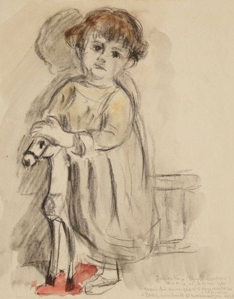 Joseph-Victor Roux-Champion (1871-1953)

Portrait du fils de l'artiste, Julien, 1923
Dessin au fusain, lavis d'encre de Chine et rehauts d'aquarelle sur vélin mince.
Annotation dans l'angle inférieur droit du sujet: «Julien Roux (Roux-Champion/né à Nice 06 - le 20 mai 1920/dessin fait par son père V.-J. Roux-Champion (1871-1953) à Paris; en son domicile 35 Rue de Turenne (3e) en 1923».
(Courte déchirure en pied à gauche, habilement restaurée au verso).
31 x 24,4 cm