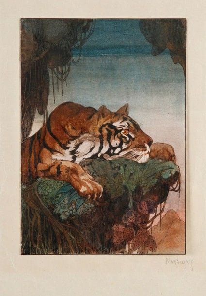Maurice Jaubert de BECQUE (1878-1938)

Étude de tigre pour Le Livre de la Jungle
Dessin à l'encre et aquarelle.
Signé en bas à droite sur le montage.
20 x 14 cm