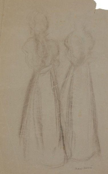 Maurice DENIS (1870-1943)

Deux femmes en pied
Dessin au fusain sur vélin mince gris.
Signé en bas à droite.
(Nombreuses traces de plis et petits manques aux bords du feuillet).
50 x 31,7 cm
Provenance:
Collection H.-M. Petiet.