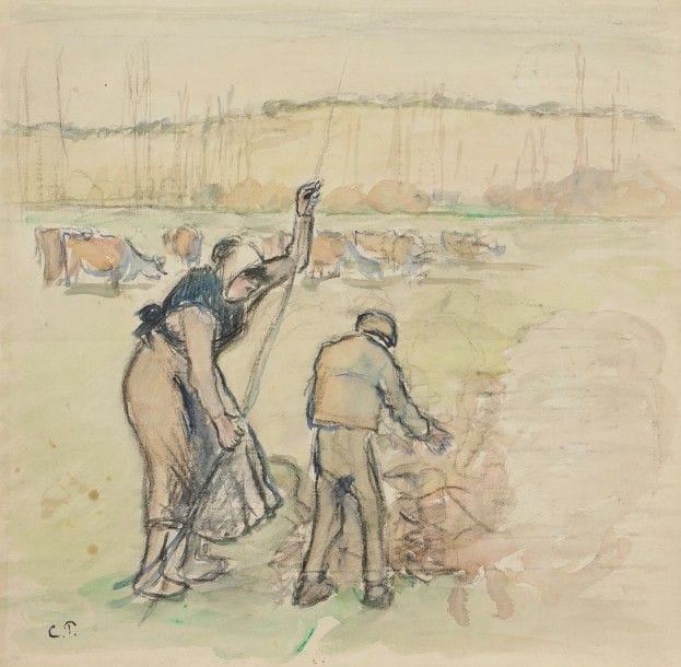 Camille PISSARRO (1830-1903)

Paysanne et enfant faisant du feu, vers 1888
Dessin à l'aquarelle et au fusain sur vergé, collé par les bords sur vélin mince.
Signé des initiales à l'encre noire en bas à gauche.
(Pli horizontal médian et traces de plis dans l'angle supérieur gauche. Quelques petites taches rousses circulaires dans le sujet à gauche).
46,8 x 48 cm

Provenance:
Ancienne collection Gérard-Henri Gilbert (1879-1943), expert en philatélie.

Commentaire:
Cette importante aquarelle est à rapprocher de l'huile sur toile, Femme cassant du bois, étude, vers 1888 (Joachim Pissarro, Claire Durand-Ruel, Wildenstein Institute, Pissarro, catalogue critique des peintures, Skira et Wildenstein Institute, 2005, n856). Dans ce même catalogue notre aquarelle est reproduite à la page 560. Les auteurs soulignent que le format du papier dépasse d'une dizaine de centimètres l'étude à l'huile et que dans cette version, le jeune garçon est vu de dos, contrairement à l'huile définitive qui le montre de face. «Cette aquarelle, très achevée, a l'intérêt de montrer les méthodes de travail très rigoureuses de l'artiste et sa capacité à produire, sur un format inhabituel pour ce procédé, une oeuvre lumineuse et pleine de mouvement.»