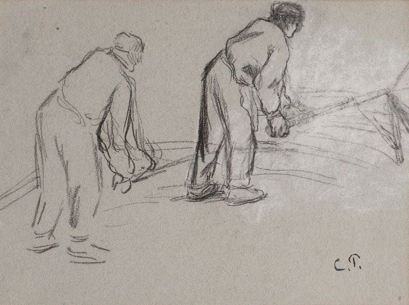Camille PISSARRO (1830-1903)

Étude de paysans sur une aire de battage
Dessin au fusain et à la craie blanche sur vergé gris (avec autre esquisse au verso).
Signé du monogramme au pinceau et à l'encre de Chine en bas à droite.
(Trace d'oxydation à l'extérieur de l'ouverture du passe-partout et au verso).
24 x 30,5 cm