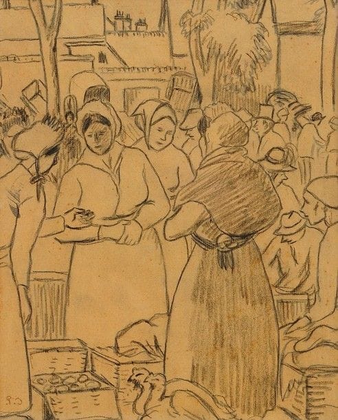 Camille PISSARRO (1830-1903)

Marché aux oeufs, vers 1902
Dessin à la mine de plomb sur calque collé sur carton.
Signé du monogramme en bas à gauche.
(Petits accidents et arrachements aux bords du feuillet).
29,7 x 25,2 cm

Commentaire:
Dessin préparatoire ayant servi au transfert sur cuivre pour la gravure correspondante, Delteil n127. «Cette pièce restée inachevée a été mordue, après la mort de l'artiste, et tirée seulement à 12 épreuves timbrées et numérotées» (Delteil).