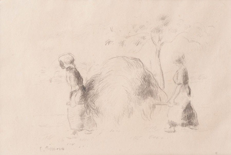 Camille PISSARRO (1830-1903)

Deux femmes portant une meule de foin
Dessin à la mine de plomb sur vélin mince.
Signé en bas à gauche.
(Inscriptions au crayon d'une main étrangère en pied).
21,5 x 25 cm

Provenance:
Vente Charbonneaux, Paris, 1992.