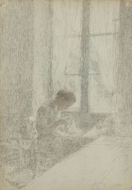 François-Joseph GUIGUET (1860-1937)

Marie Guiguet cousant, 1924
Dessin à la mine de plomb et sanguine sur papier bleuté.
Daté en bas à droite.
Cachet «Guiguet Maison natale».
35 x 26 cm