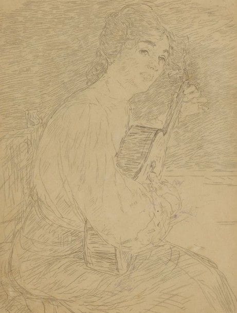 François-Joseph GUIGUET (1860-1937)

La Guitariste, 1905
Dessin à la mine de plomb.
Cachet de la succession en pied sur le montage.
32,5 x 25 cm
Commentaire:
Dessin préparatoire à la lithographie en couleurs parue en décembre 1905 dans L'Estampe Nouvelle.