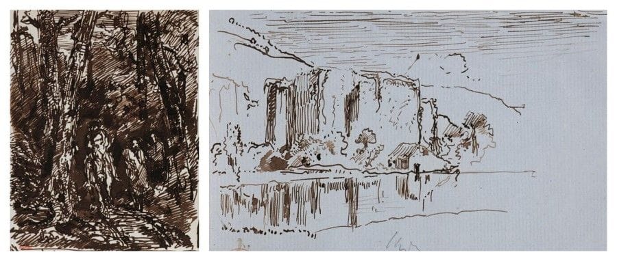 Paul HUET (1803-1869)

Cavaliers en forêt; Paysage à la rivière
Plume et encre noire; plume et encre brune sur papier bleu.
Portent en bas à gauche le cachet «Paul Huet» (Lugt 1268).
12,5 x 10 et 12 x 20,5 cm