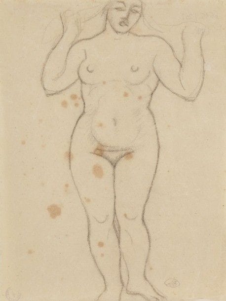 Aristide MAILLOL (1861-1944)

Femme nue en pied de face, bras levés, vers 1925-1930
Dessin au fusain sur vergé de Montval beige.
Signé du monogramme en bas à droite.
(Fortes rousseurs éparses).
Timbre de douane dans l'angle inférieur droit au verso.

Provenance:
Collection H.-M. Petiet.

Commentaire:
Dessin à rapprocher de la sculpture La Baigneuse aux bras levés (1921), et d'une lithographie pour L'Art d'aimer d'Ovide (Guérin 314).