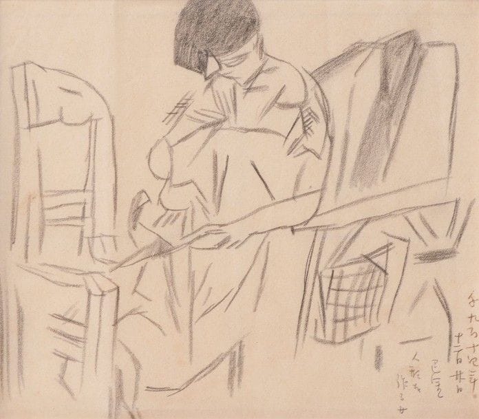 Léonard-Tsuguharu FOUJITA (1886-1968)

La Fabricante de poupées (portrait présumé de Marie Vasilieff), 1914
Dessin à la mine de plomb sur vélin mince.
Annoté en bas à droite en japonais: «la femme qui fabrique des poupées Paris 20 décembre 1914».
14,5 x 16,5 cm

Expositions:
- Palais des Arts, Dinard. Exposition Foujita, le maître de Montparnasse (juin-sept. 2004).
- Musée Caja Valencia, Musée Diocésain de Barcelone (Espagne). Exposition Foujita, entre Orient et Occident (juin-oct. 2005).
- Château de Chamerolles, Loiret, CG 45 (Grande Halle). Exposition Foujita et ses amis du Montparnasse (juin-sept. 2010).
- Foujita, le centenaire de son arrivée à Paris 1913-1931. Exposition itinérante sous l'égide de l'ambassade de France au Japon à Shizuoka City Museum, Kumamoto Prefectural Museum, Kita-Kyushu Municipal Museum, Kyoto, Akita Museum of Art et Okayama Prefectural Museum (20 avril 2013-6 avril 2014).