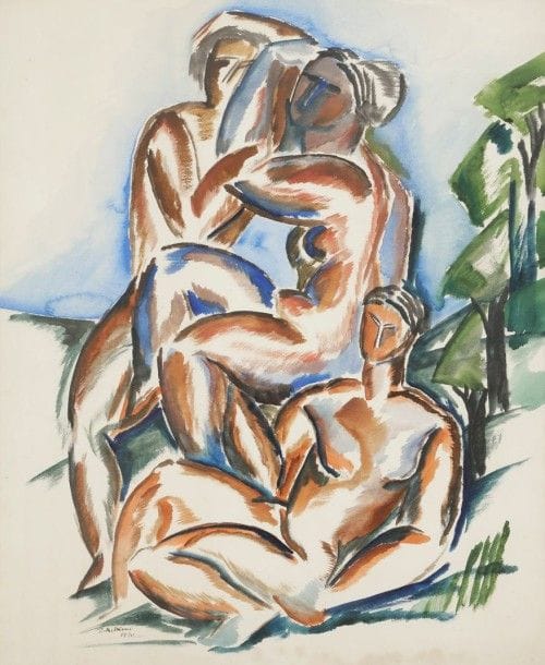 Ossip ZADKINE (1890-1967)

Les Trois grâces, 1920
Aquarelle.
Signée et datée en bas à droite.
61 x 49 cm

Provenance:
- Ancienne collection Valentine Prax.
- Galerie Stiebel, Paris.
- Collection particulière, France (acheté en 1972 auprès de cette dernière).

Exposition:
Célébration en bleu, Manège Royal, Saint-Germain-en-Laye, 8 mai-10 juin 1979, n84.

Commentaire:
L'oeuvre est référencée dans le catalogue des gouaches de Zadkine. Une lettre en ce sens de Sylvain Lecombre (conservateur du Musée Zadkine) en date du 1er juin 1992 sera remise à l'acquéreur.