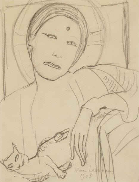 Marie LAURENCIN (1885-1956)

Femme au chat, 1903
Dessin à la mine de plomb sur vélin mince.
Signé et daté en bas à droite.
22 x 17 cm

Commentaire:
Dessin à rapprocher de l'eau-forte Constantinople, 1re pl. (1907, Marchesseau 11).
