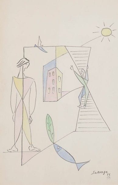 Léopold SURVAGE [franco-russe] (1879-1968)

Personnages dans la ville, 1955
Dessin à l'encre et aquarelle.
Signé et daté en bas à droite.
Cachet de l'atelier.
53,5 x 35 cm