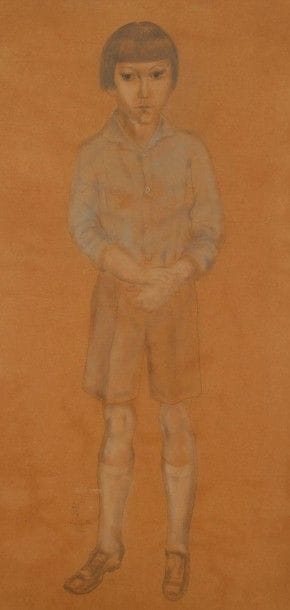 Léonard-Tsuguharu FOUJITA (1886-1968)

Portrait en pied de J.-B. Pontalis âgé de six ans, 1930
Dessin à la mine de plomb avec larges rehauts de pastel sur papier exotique teinté ocre.
Signé en idéogrammes et en caractères européens puis daté à gauche du modèle en pied.
(Deux déchirures, une de 9 cm au bord gauche et une traversant le feuillet horizontalement en travers du torse du modèle; menus accidents aux bords du feuillet).
103,5 x 50,5 cm

Provenance:
Succession du philosophe et psychanalyste J.-B. Pontalis (1924-2013).