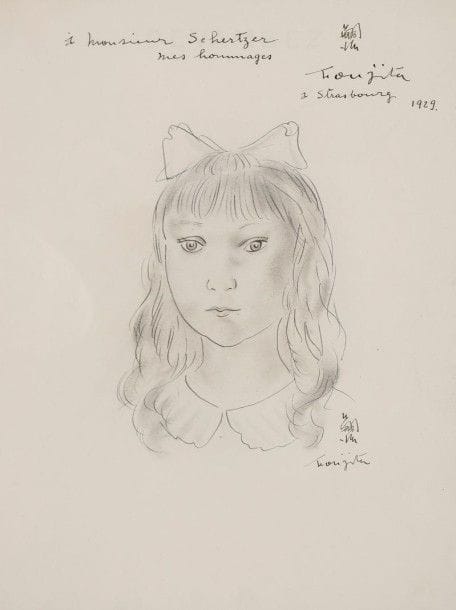 Léonard-Tsuguharu FOUJITA (1886-1968)

Fillette à la collerette, 1929
Dessin à l'encre et lavis d'encre.
Signé, daté, situé et dédicacé en haut au centre.
Signé en bas à droite.
27 x 21 cm

Commentaire:
L'oeuvre sera incluse dans le volume IV du Catalogue Raisonné en préparation par Mme Sylvie Buisson.
Un certificat d'authenticité de Mme Sylvie Buisson en date du 10 février 2015 sera remis à l'acquéreur.
