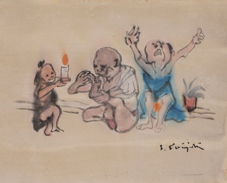 Léonard-Tsuguharu FOUJITA (1886-1968)

Le Guérisseur
Dessin à l'encre, à l'aquarelle et rehauts de gouache sur papier brun.
Signé en bas à droite.
22 x 28 cm

Provenance:
Succession Kimiyo Foujita, vente Cornette de Saint-Cyr, Paris.