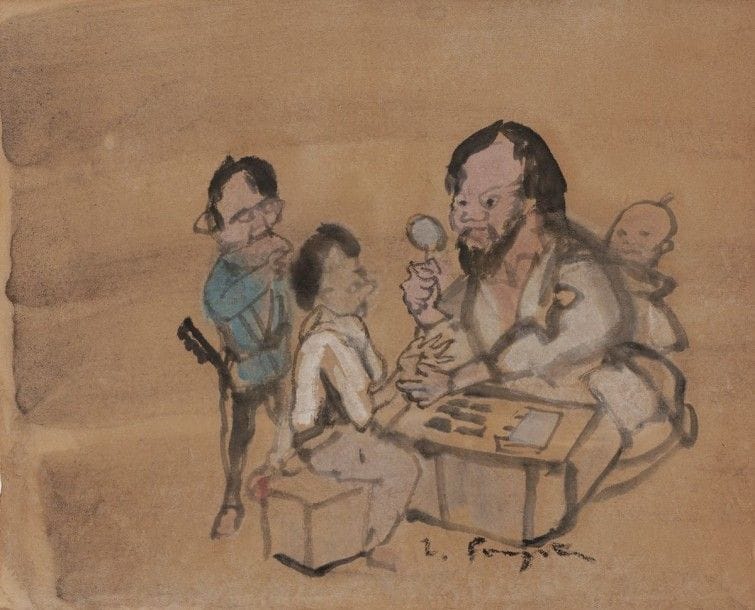 Léonard-Tsuguharu FOUJITA (1886-1968)

L'Interrogatoire
Dessin à l'encre, lavis d'encre, aquarelle et rehauts de gauche blanche sur papier brun.
Signé en bas à droite.
22 x 28 cm

Provenance:
Succession Kimiyo Foujita, vente Cornette de Saint-Cyr, Paris.