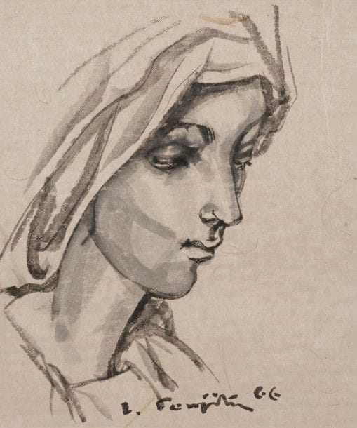 Léonard-Tsuguharu FOUJITA (1886-1968)

Madone de profil, 1966
Dessin à l'encre et lavis d'encre sur japon pelure.
Signé et daté en bas à droite.
25,5 x 18,7 cm
Provenance:
Succession Kimiyo Foujita, vente Cornette de Saint-Cyr, Paris, 8 décembre 2013, n142.