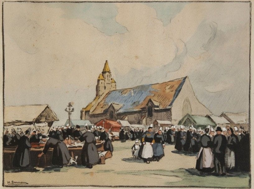 Henri BARNOIN (1882-1935)

Marché sur la place de l'église Notre-Dame de la Joie, Saint-Guénolé
Gouache et aquarelle sur traits de fusain.
Signée en bas à gauche.
24 x 29,5 cm