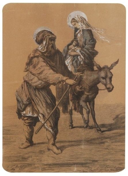Jean-Joseph BELLEL (1816-1898)

La Fuite en Égypte, 1849
Pierre noire et rehauts de gouache.
Signé et daté en bas à gauche.
(Petits accidents).
58,5 x 41 cm