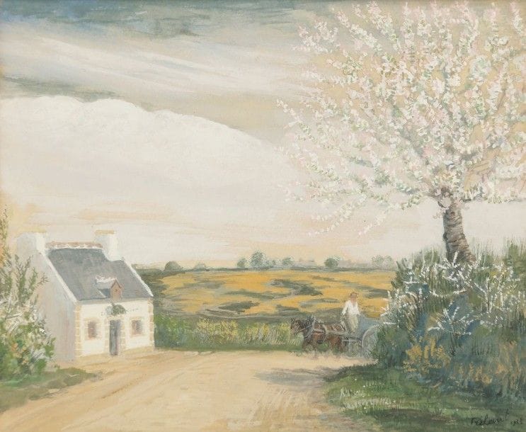 Jean FRÉLAUT (1879-1954)

Ferme et carriole sur un chemin, 1935
Gouache sur vélin.
Signée et datée en bas à droite.
13,5 x 16,8 cm