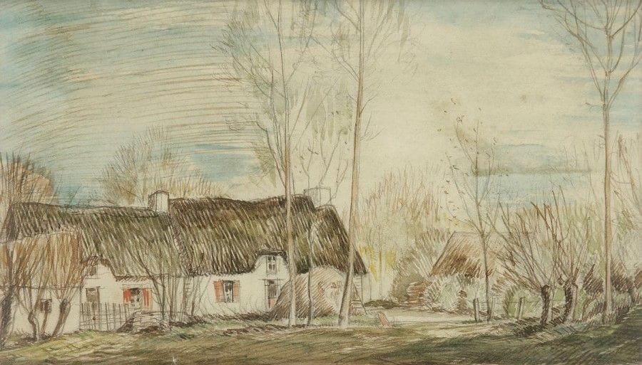 Jean FRÉLAUT (1879-1954)

Chaumières en hiver
Plume et encre de Chine avec rehauts d'aquarelle, sur vélin.
8,5 x 14,8 cm