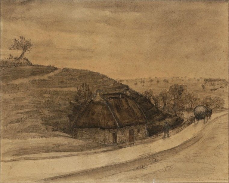 Jean FRÉLAUT (1879-1954)

Ferme au bord d'un chemin, 1912
Dessin au fusain, à la mine de plomb et au lavis d'encre de Chine sur vergé.
Signé et daté en bas à droite.
(Légère oxydation du feuillet; rousseurs claires).
24,5 x 31 cm