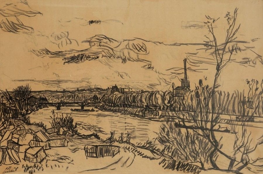 Henri Landier (né en 1935)

Usine en bord de Seine, 1959
Dessin au fusain sur vélin mince chamois.
Signé et daté en bas à gauche.
(Petites ondulations; petit arrachement en surface; auréole claire d'humidité au bord droit).
64 x 98 cm