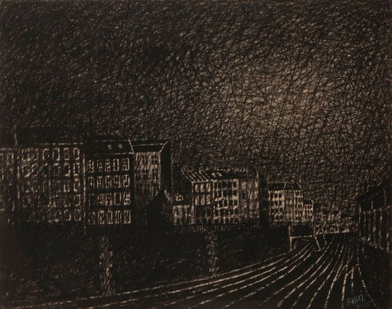 Mario AVATI (1921-2009)

Ville et rails la nuit, 1955
Dessin au fusain sur vélin.
Signé et daté «I.55» à la craie blanche en bas à droite.
44 x 55 cm