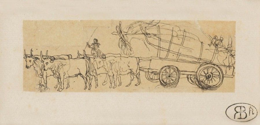 Rodolphe BRESDIN (1822-1885)

Carriole tirée par quatre boeufs
Dessin à la plume et à l'encre de Chine sur calque collé sur vergé.
Timbré en bas à droite sur le support (Lugt 4015).
(Deux larges fragments refaits dans les angles supérieurs).
9 x 17,5 cm