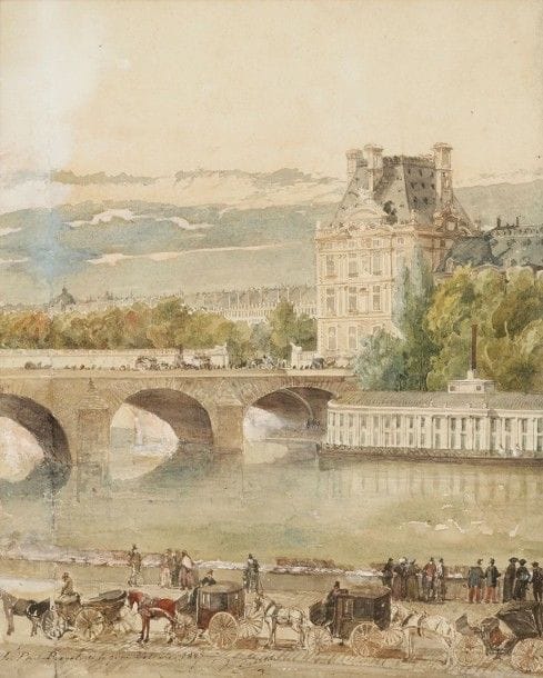François-Victor SABATIER (1823-1891)

Paris, le Pont Royal et le quai Voltaire, 1887
Dessin à l'encre et à l'aquarelle.
Signé, titré et daté en bas à gauche.
(Restauration ancienne).
31 x 24,5 cm