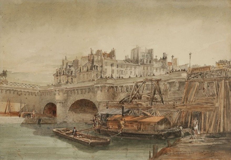 François-Victor SABATIER (1823-1891)

Le Pont Neuf en réparation, Paris le 20 août 1886
Aquarelle.
Signée, titrée et datée en bas à droite.
29 x 43 cm