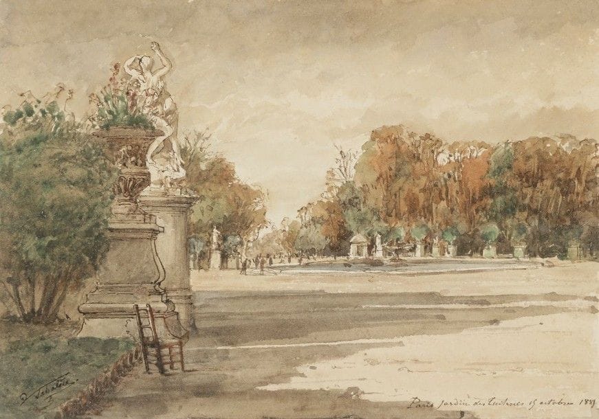 François-Victor SABATIER (1823-1891)

Paris, jardin des Tuileries, 15 octobre 1885
Dessin à l'encre et à l'aquarelle.
Signé, titré et daté dans le bas de la feuille.
18 x 25 cm