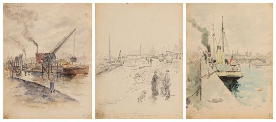 Gustave FRAIPONT (1849-1923)

La Seine à travers Paris, 1889-90
4 aquarelles et 2 dessins à la mine de plomb.
Monogrammés et annotés.
L'un non retenu pour l'ouvrage.
(Taches).
On joint: Saint-Juirs, La Seine à travers Paris, illustrations de G. Fraipont, un volume in-4, Launette éditeurs, Paris, 1890.
31,5 x 23,5 cm chaque