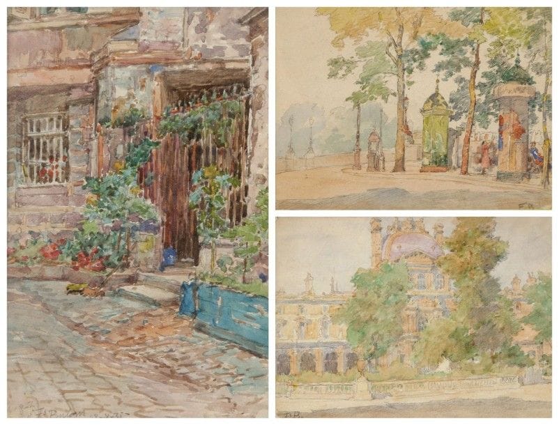 François BULENS (1857-1939)

Le Louvre; Les Colonnes Maurice; La Cour de Rohan à Paris, 1931
3 aquarelles.
L'une signée et datée, deux monogrammées.
16,5 x 22,5 cm - 18,5 x 26 cm - 23,5 x 15,5 cm

