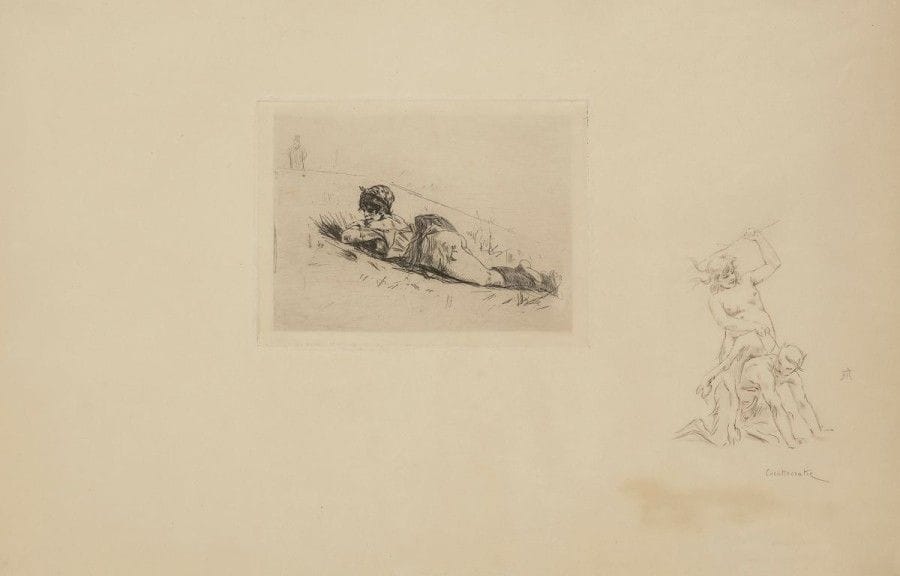 Félicien Rops (1833-1898)

Cocottocratie
Dessin à la mine de plomb avec touches de crayon rouge, formant importante remarque en marge d'une épreuve de l'eau-forte de l'artiste, Remparts (Exsteens 378), à grandes marges, sur vélin.
Signé du monogramme à droite. Titré sous le sujet.
(Traces d'oxydation sous le dessin).
30,5 x 47 cm