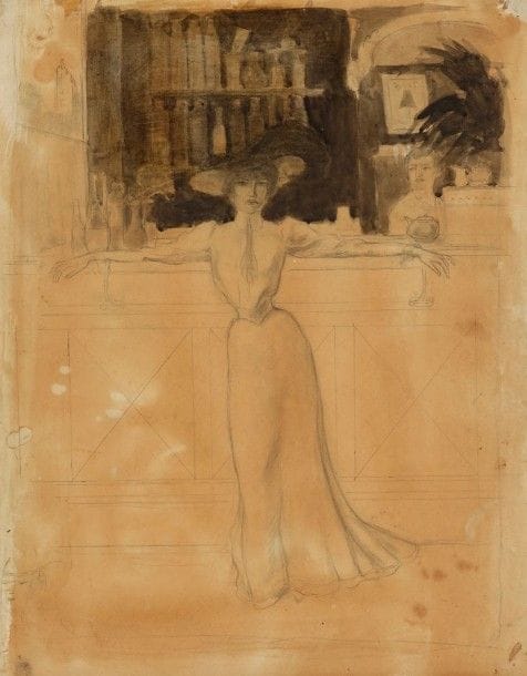 GEORGE BOTTINI (1874-1907)

Femme en pied appuyée de dos au zinc
Dessin à la mine de plomb avec lavis d'encre de Chine sur vélin teinté (au thé ?) (avec petit croquis au verso).
(Petites rousseurs et salissures).
40 x 30 cm