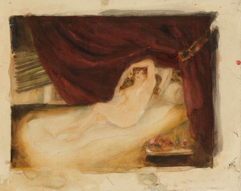 GEORGE BOTTINI (1874-1907)

Femme nue allongée auprès d'une corbeille de fruits, tenant une grappe de raisin
Aquarelle et traits de mine de plomb sur vélin.
(Petits accidents et manques aux bords du feuillet; traces de colle au verso).
23,9 x 30,8 cm