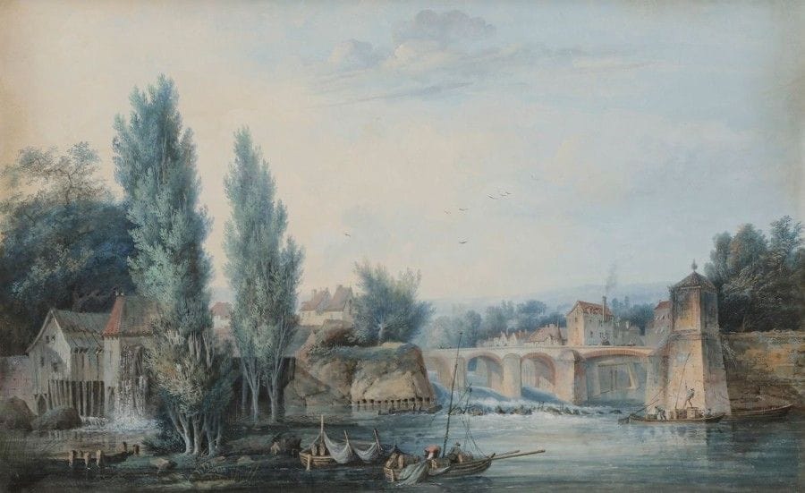 Louis BELANGER (1736- 1816)

Village au bord d'une rivière avec un moulin à eau
Aquarelle et gouache.
Signée et datée en bas à droite sur le mur «LBelanger/1788».
Porte une ancienne étiquette au verso n5493.
35 x 50 cm