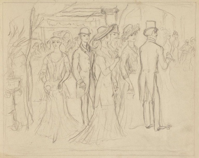 GEORGE BOTTINI (1874-1907)

Les Couloirs du théâtre (au verso: Deux femmes auprès d'un porte-manteau)
Dessin à la mine de plomb sur vélin.
26,2 x 32,8 cm