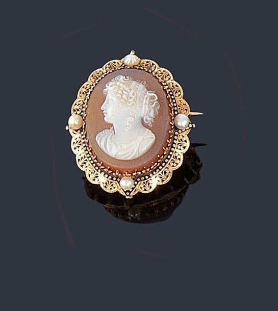 Broche-pendentif en or jaune 18K (750 ?) festonné et ajouré de feuillages, orné d'un camée sur agate représentant une jeune femme de profil à «l'Antique», entouré d'un filet émaillé agrémenté de 4 petites perles. 
Dimensions: 5,5 x 3 cm environ. Poids brut: 18,6 g (traces de soudure, une épingle en métal)
