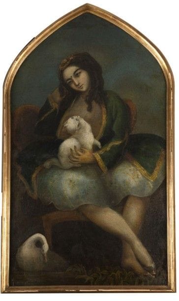 Jeune femme au chat, Iran qâjâr, époque de Nasir al - Din Shah, XIXe siècle
Peinture à l'huile en ogive marouflée sur contreplaqué. La jeune femme, vêtue à l'européenne, est assise sur un fauteuil, caressant un chat persan blanc, assis sur ses genoux, un cygne à ses pieds.
Dim. avec cadre: 147 x 85,4 cm.
État: restaurations anciennes.
Young lady with a cat, Iran, Qâjâr, Nasir al - Din shah's period, 19th century
