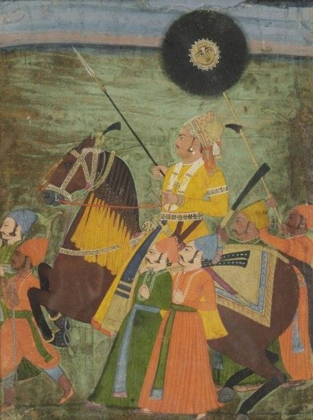 Portrait équestre du Maharaja Abhi singh (1724 - 1750), Rajasthan, Marwar, Jodhpur, XVIIIe siècle
Gouache sur page cartonnée. Sur un cheval caracolant, le Maharaja vêtu d'un jamma jaune est entouré de serviteurs.
Dim. miniature: 36,5 x 27,5 cm.
État: manques sur le pourtour de la miniature
Exposition: J. Soustiel et M. - C. David, «Miniatures orientales de l'Inde - III», Galerie J. Soustiel, Paris, 19 mai - 23 juillet 1983, n°90, p. 79.
Equestrian portrait of Maharaja Abhi singh (1724 - 1750), Rajasthan, Marwar, Jodhpur, 18th century.
