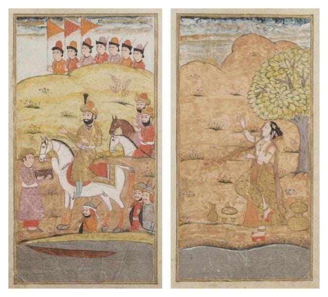 Prince et sa cour à cheval et jeune femme sous un arbre, Cachemire et Rajasthan, XIXe siècle
Gouaches sur papier sur chaque face. Au recto, un prince sur un cheval blanc accompagné de sa cour et de son armée reçoit un messager portant une sacoche; au revers, une jeune femme se tient près d'un arbre, une jambe ramenée sur le genou. Elle tient une coupe; à ses pieds différents ustensiles.
Dim. avec cadre: 35,5 x 29,5 cm; dim. miniatures: 18,5 x 11 cm.
État: pliures et quelques rousseurs sur le papier.
Two illustrations from a manuscript, Kashmir and Rajasthan, 19th century