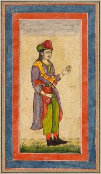 Jeune femme en habits européens dans le style persan, Inde du Nord, XIXe siècle
Miniature remontée sur page cartonnée à encadrement rouge et aux marges bleutées. Vêtue d'habits à l'européenne, elle se tient debout de profil, une bouteille et une coupe dans les mains.
Dim. page: 33 x 22,5 cm.
A Persian - style female cupbearer, North of India, 19th century