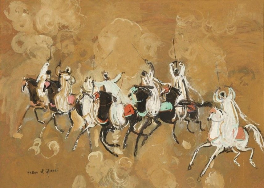 Hassan EL GLAOUI [marocain] (né en 1924)

Fantasia
Technique mixte sur isorel.
Signée en bas à gauche.
76 x 107 cm
Provenance:
- Ancienne collection du Colonel Ostiguy, Canada (acheté directement à l'artiste).
- Galerie Lapointe & Champagne, Montréal.
- Collection Wilson, ancien sénateur, Canada.