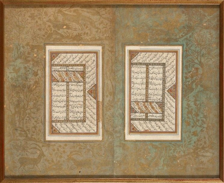 Deux pages d'un manuscrit poétique, Ghazalyat de Hafîz, Iran qâjâr, XIXe siècle
Texte persan sur papier en nasta'liq à l'encre noire sur deux colonnes de huit lignes et en diagonale dans les marges. Il est présenté sous des marges vertes ornées d'animaux et d'arbustes dorés. Le début de chaque ghazal est inscrit dans un cartouche en réserve sur fond doré, des rinceaux fleuris en écoinçons accompagnent le texte.
Dim. calligraphies: 14 x 8,5 cm.
État: restauration, taches, éclats sur les marges.
Two Ghazal of Hafiz, Iran, Qâjâr, 19th century