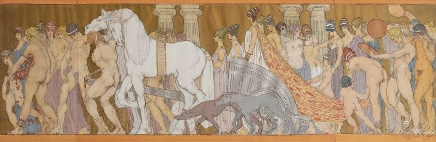 Roger NIVELT (1899-1962)


Fête antique en frise, 1923
Gouache, aquarelle et rehauts argent sur traits de crayon et fond or sur feuille en trois parties.
Signée et datée R. NIVELT 1923 et dédicacée à Alexis et Marthe Duret en bas à droite.
À vue: 34 x 106,5 cm