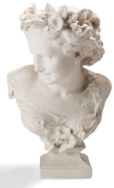 Jean-Baptiste CARPEAUX (1827-1975) d'après & MANUFACTURE NATIONALE de SÈVRES


Buste de Flore dit aussi Le Printemps n° 1, le modèle créé en 1872 et réputé avoir été édité en biscuit à 27 exemplaires entre 1905 et 1935 
Sculpture. 
Épreuve en biscuit de porcelaine, pâte dure nouvelle.
Édition ancienne, 1925.
Porte les tampons oblongs SÈVRES, S ? 1925 ? DN (pâte dure nouvelle) et ovale Made in France, ainsi que le monogramme H. R. au dos. 
Hauteur: 51 cm
Bibliographie: 
Les ?uvres de la Manufacture de Sèvres, 1728 ? 1932, Volume II, La sculpture moderne - Sans mention d'éditeur, probable édition de la Manufacture vers 1932/33. ?uvre identique reproduite planche I et référencée sous le numéro 1274.