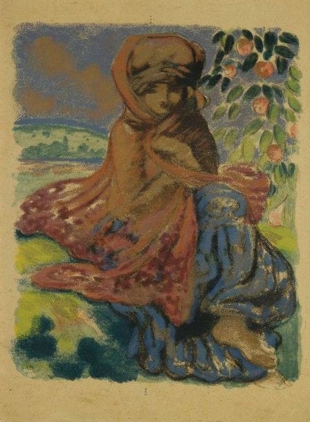 Georges MANZANA-PISSARRO (1871-1961)

L'Adolescente orientale. Vers 1900. Zincographie. 325 x 417. Impression en couleurs et à l'or au moyen de 14 planches (des presses d'Aug. Clot). Superbe et fraîche épreuve d'essai sur papier «boucherie». Toutes marges. Tirage définitif à 43 épreuves pour L'Estampe nouvelle